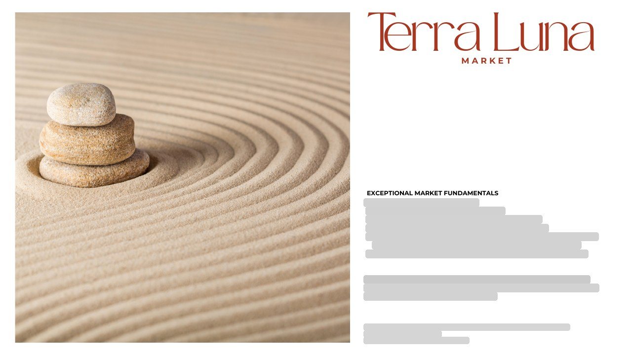 Terra Luna market slide with stacked stones in raked sand, figures redacted