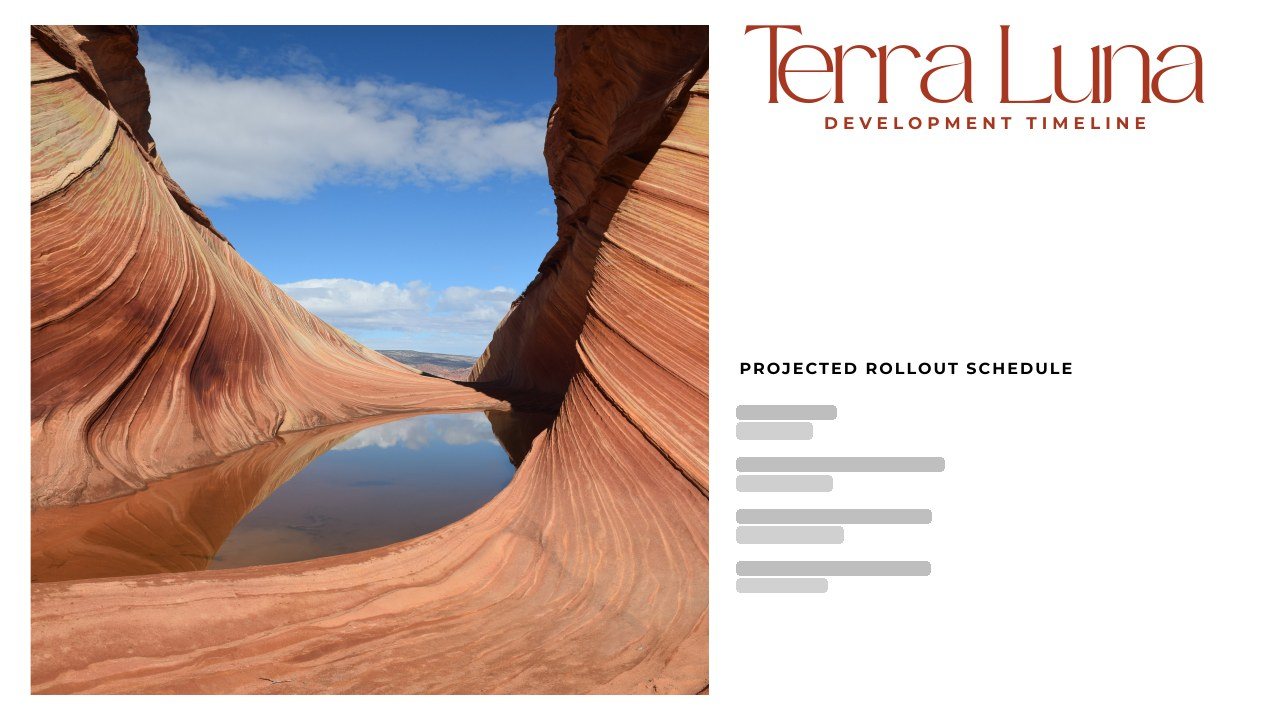 Terra Luna development timeline with a sandstone canyon photo, dates redacted
