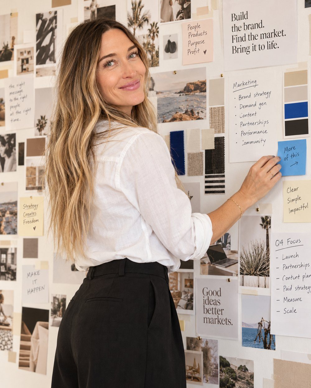 Lauren LoBue pinning a note to a strategy wall of mood images, fabric swatches, and notes reading Build the brand, Find the market, Bring it to life