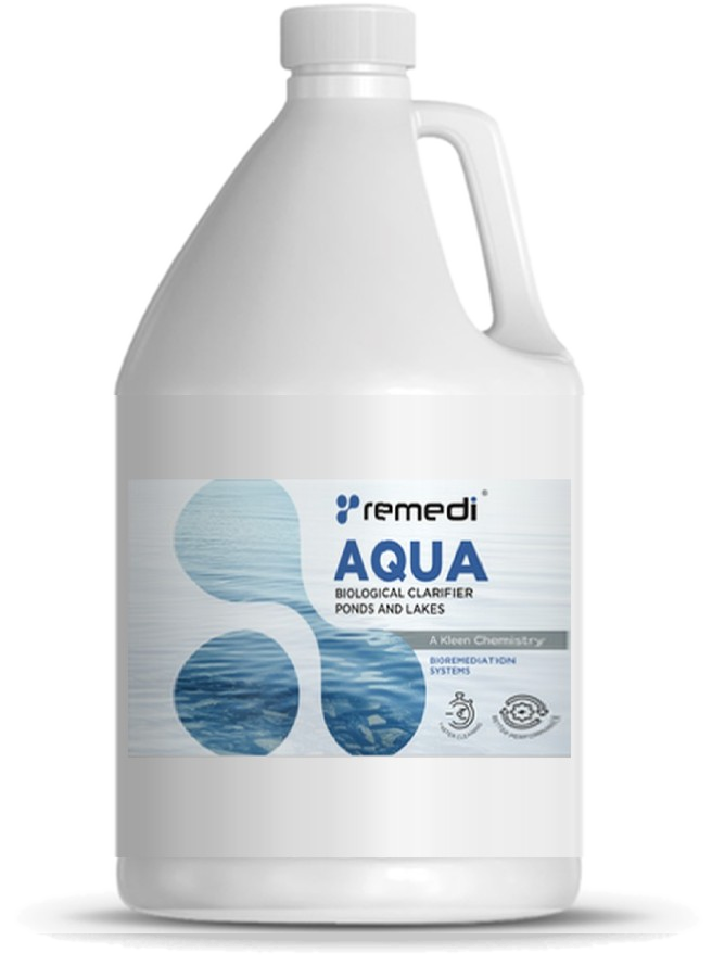 One-gallon jug wearing the Remedi Aqua biological clarifier label