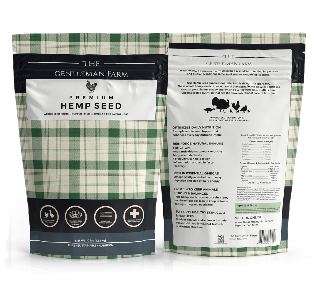 The Gentleman Farm Premium Hemp Seed pouch, front and back, in green and cream plaid